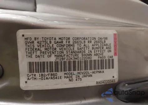 1998 Toyota Camry Le V6 z USA, uszkodzony, nr VIN JT2BF22K3W0122080